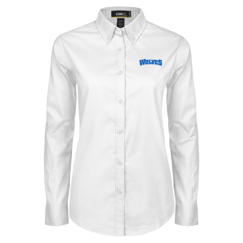  Womens White Twill Button Down Long Sleeve - Wolves