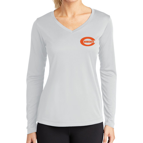  Womens White Performance Long Sleeve V Neck Shirt - C - Bobcats