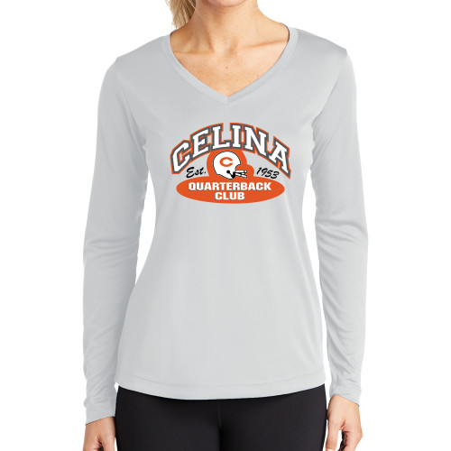  Womens White Performance Long Sleeve V Neck Shirt - Celina Quarterback Club