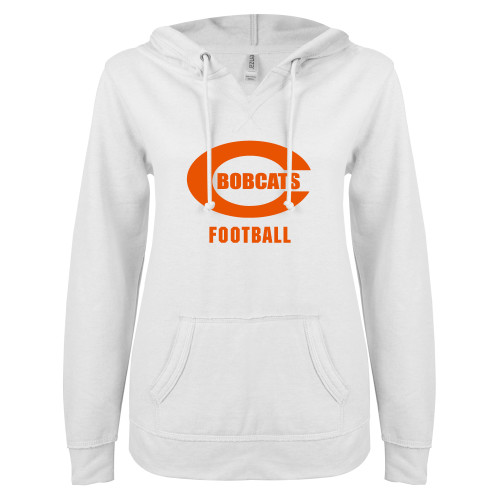  ENZA Womens White V Notch Raw Edge Fleece Hoodie - Football