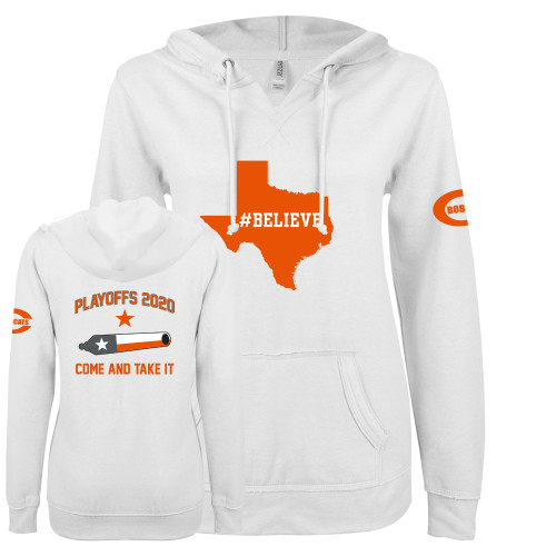 ENZA Womens White V Notch Raw Edge Fleece Hoodie - 2020 Playoff Shirt Front