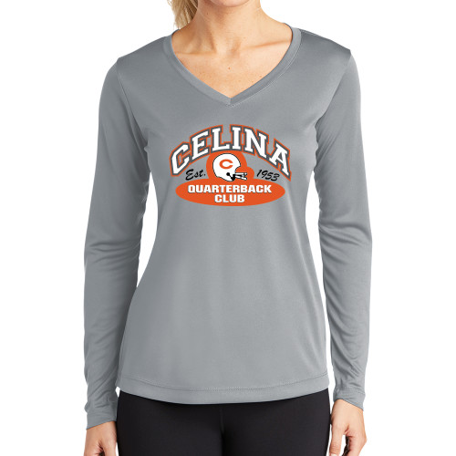 Celina High School Womens Grey Performance Long Sleeve V Neck Shirt