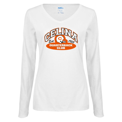 Celina High School Womens White Long Sleeve V Neck Tee
