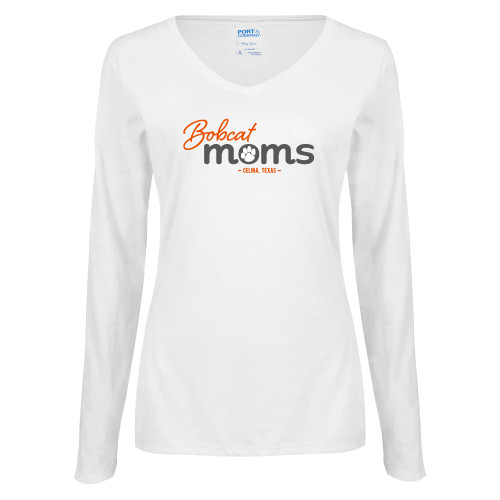  Womens White Long Sleeve V Neck Tee - Bobcat Moms
