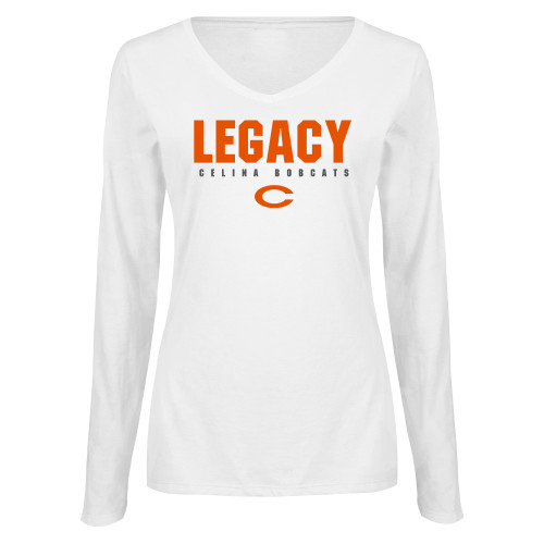  Womens White Long Sleeve V Neck Tee - LEGACY