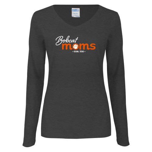  Womens Dark Heather Long Sleeve V Neck Tee  - Bobcat Moms