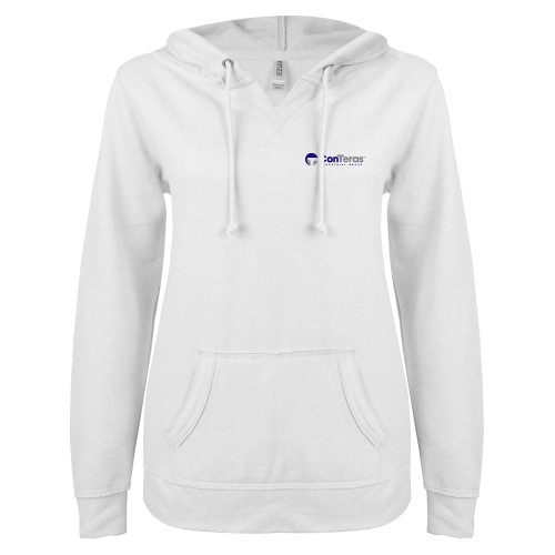 ENZA Womens White V Notch Raw Edge Fleece Hoodie-ConTeras Industrial Group