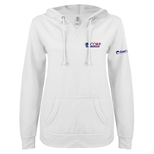 ENZA Womens White V Notch Raw Edge Fleece Hoodie-Incorp