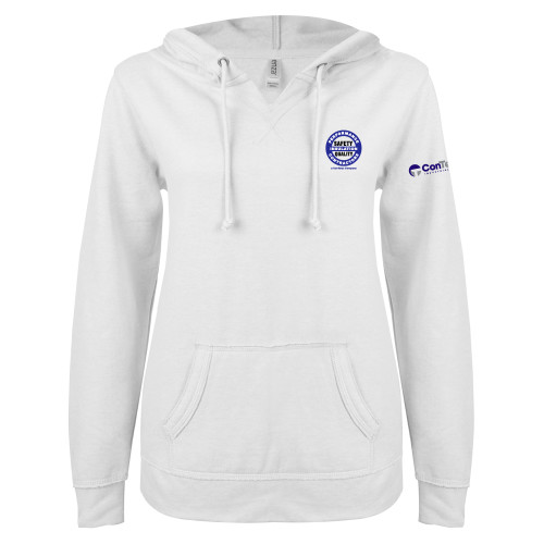 ENZA Womens White V Notch Raw Edge Fleece Hoodie-Performance Insulation Contractors