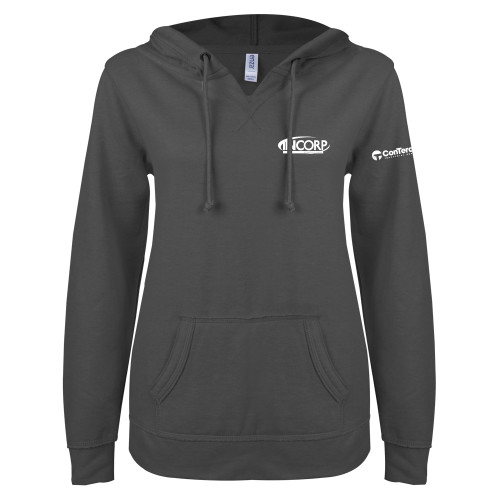 ENZA Womens Dark Heather V Notch Raw Edge Fleece Hoodie-Incorp