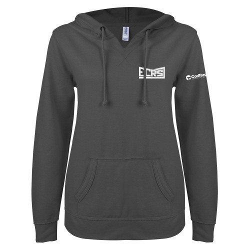 ENZA Womens Dark Heather V Notch Raw Edge Fleece Hoodie-ECRS