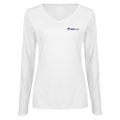 Womens White Long Sleeve V Neck Tee -ConTeras Industrial Group