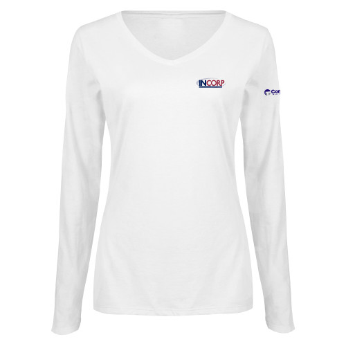 Womens White Long Sleeve V Neck Tee -Incorp