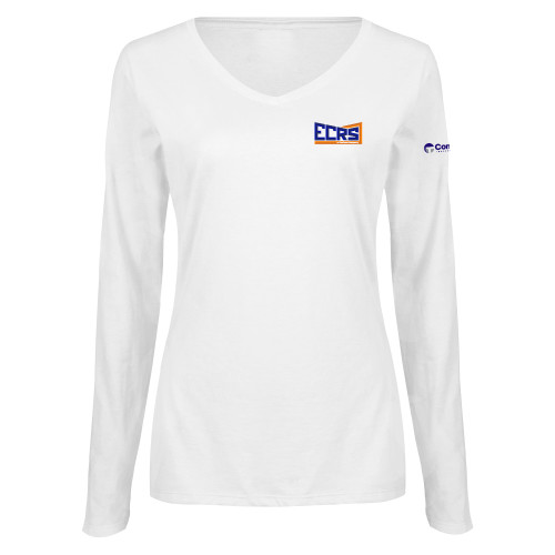 Womens White Long Sleeve V Neck Tee -ECRS