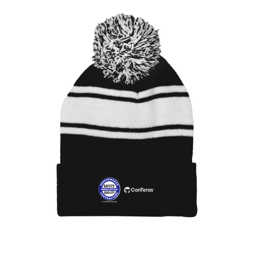 Black/White Two Tone Knit Pom Beanie w/Cuff-Performance Insulation Contractors ConTeras CoBrand