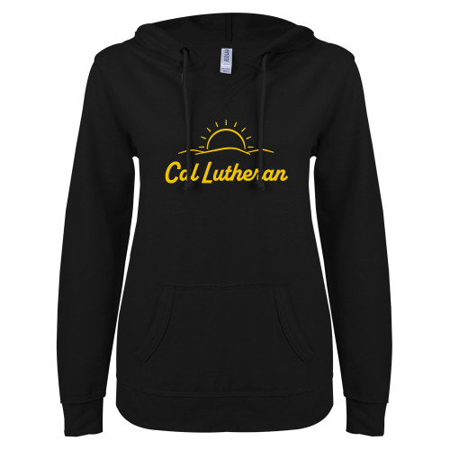  ENZA Womens Black V Notch Raw Edge Fleece Hoodie - Cal Lutheran Sunrise