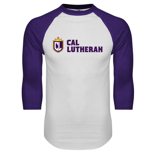  White/Purple Raglan Baseball T Shirt - Shield and Crown Cal Lutheran