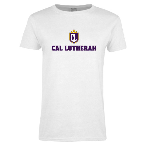  Womens White Short Sleeve Tee - Shield and Crown Cal Lutheran Stacked