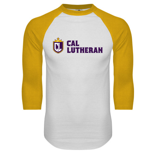  White/Gold Raglan Baseball T Shirt - Shield and Crown Cal Lutheran