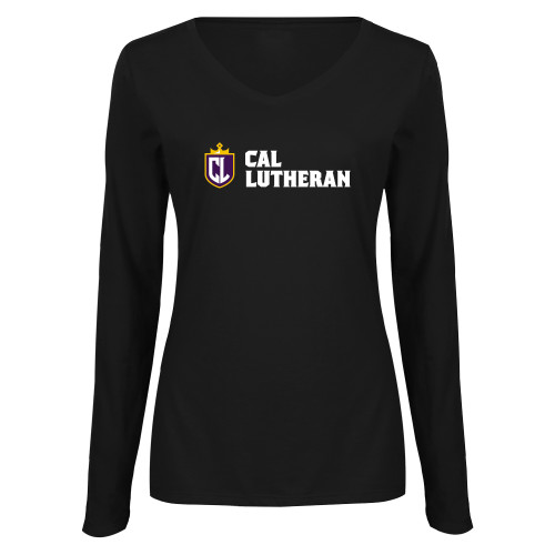  Womens Black Long Sleeve V Neck Tee  - Shield and Crown Cal Lutheran