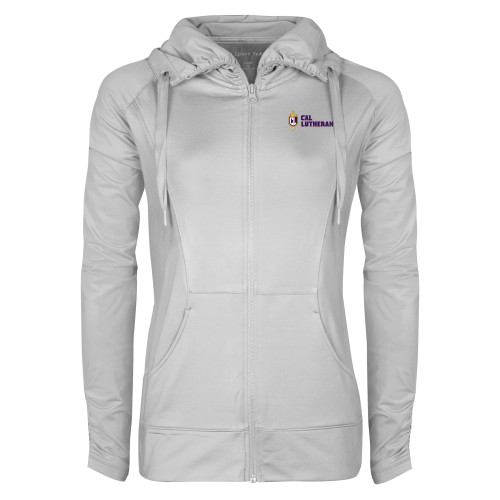  Womens White Sport Wick Stretch Full Zip Jacket - Sword and Shield Cal Lutheran