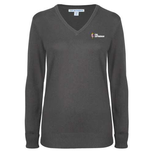  Womens Charcoal Heather VNeck Sweater - Sword and Shield Cal Lutheran