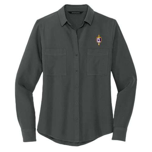  Mercer + Mettle Womens Grey Crepe Long Sleeve Camp Blouse - Sword and Shield CL