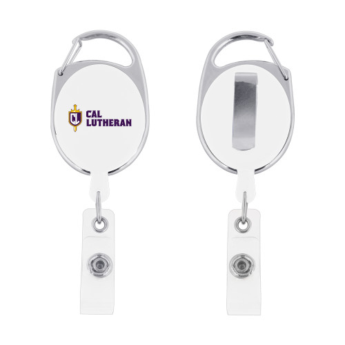  White Oval Retractable Badge Holder w/Clip - Sword and Shield Cal Lutheran