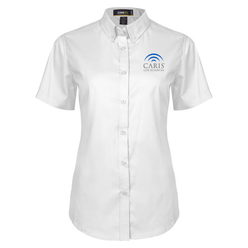 Womens White Twill Button Up Short Sleeve-CARIS