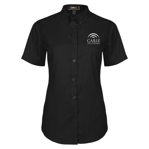 Womens Black Twill Button Up Short Sleeve-CARIS