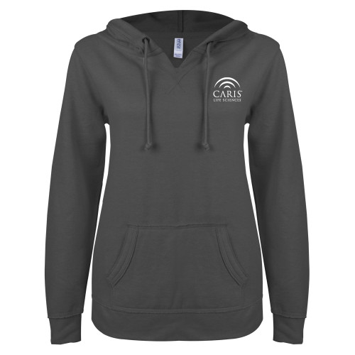 ENZA Womens Dark Heather V Notch Raw Edge Fleece Hoodie-CARIS