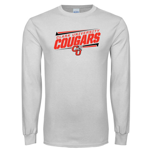 White Long Sleeve T Shirt - Slanted Cougars Stencil