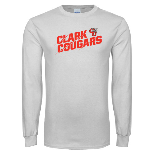  White Long Sleeve T Shirt - Slashed Clark Cougars