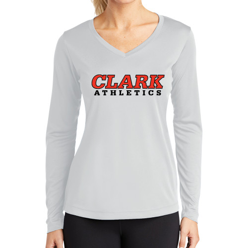  Womens White Performance Long Sleeve V Neck Shirt - Clark Athletics