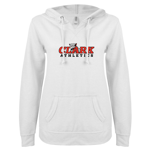  ENZA Womens White V Notch Raw Edge Fleece Hoodie - Primary Logo