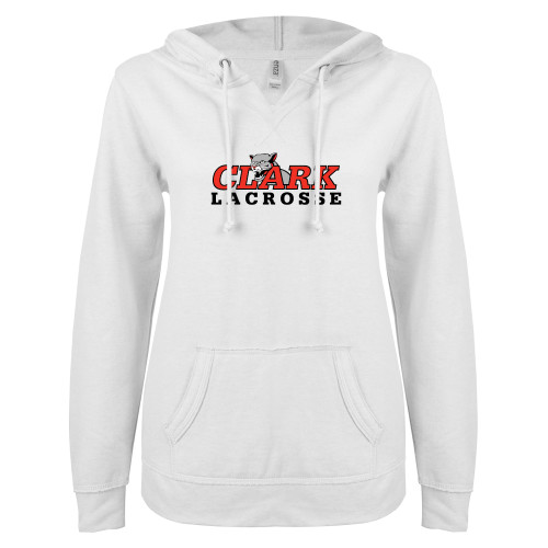  ENZA Womens White V Notch Raw Edge Fleece Hoodie - Lacrosse
