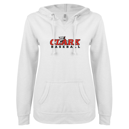  ENZA Womens White V Notch Raw Edge Fleece Hoodie - Baseball