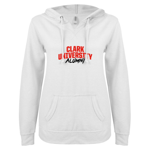  ENZA Womens White V Notch Raw Edge Fleece Hoodie - Clark University Alumni Stacked