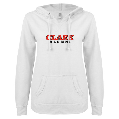  ENZA Womens White V Notch Raw Edge Fleece Hoodie - Alumni