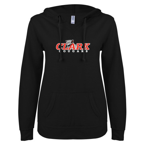  ENZA Womens Black V Notch Raw Edge Fleece Hoodie - Secondary Logo