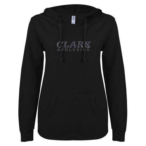  ENZA Womens Black V Notch Raw Edge Fleece Hoodie - Clark Athletics Graphite Glitter