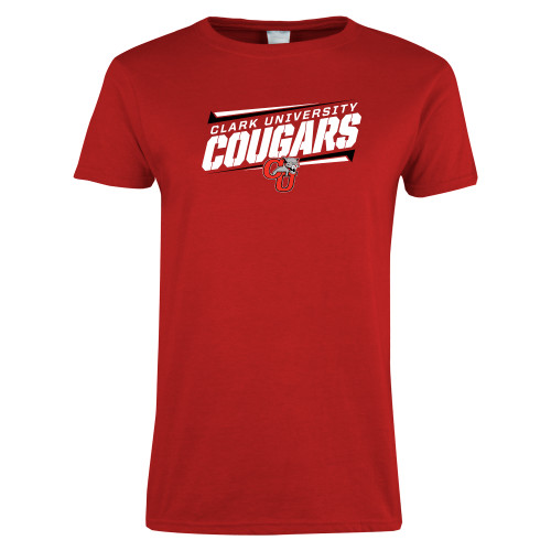  Womens Short Sleeve Red Tee - Slanted Cougars Stencil