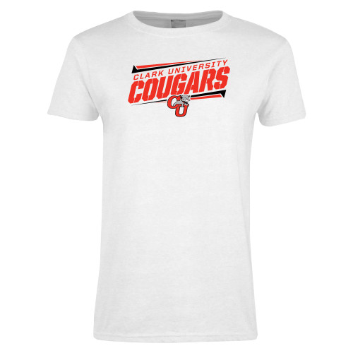  Womens White Short Sleeve Tee - Slanted Cougars Stencil