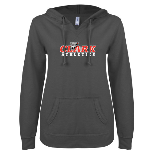 Main Image for  ENZA Womens Dark Heather V Notch Raw Edge Fleece Hoodie