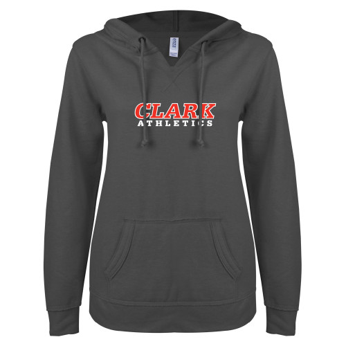  ENZA Womens Dark Heather V Notch Raw Edge Fleece Hoodie - Clark Athletics