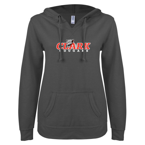  ENZA Womens Dark Heather V Notch Raw Edge Fleece Hoodie - Secondary Logo