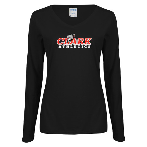  Womens Black Long Sleeve V Neck Tee  - Primary Logo