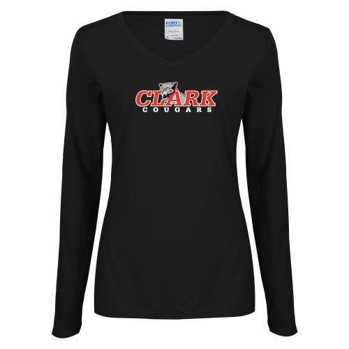  Womens Black Long Sleeve V Neck Tee  - Secondary Logo