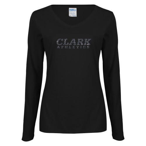  Womens Black Long Sleeve V Neck Tee  - Clark Athletics Graphite Glitter