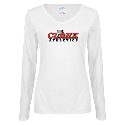  Womens White Long Sleeve V Neck Tee - Primary Logo